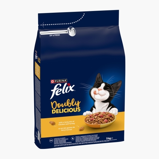 Hrană uscată pentru pisici Adult, 3kg, Doubly Delicious, cu pui, curcan și sfeclă roșie