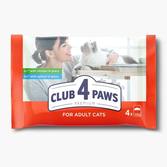 Pachet mix hrană umedă pentru pisici, pui în sos + somon în jeleu, 4x85g