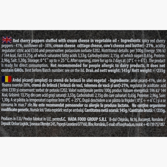 Ardei picanți umpluți cu cremă de brânză, în ulei vegetal 235g