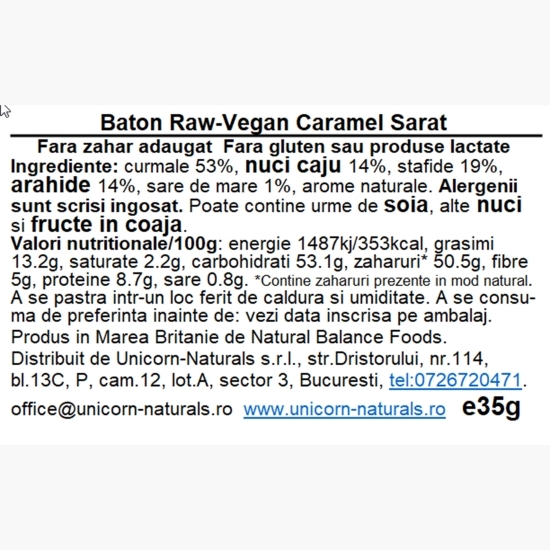 Baton raw-vegan cu caramel sărat fără gluten, fără zahăr adăugat 35g