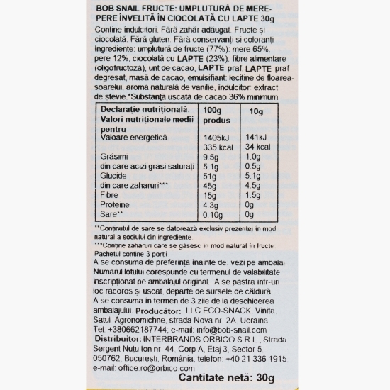 Dulciuri naturale fără zahăr din mere și pere trase în ciocolată cu lapte belgiană 30g