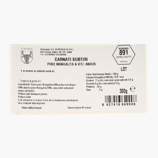Cârnați subțiri de porc Mangalița şi vită Angus 300g