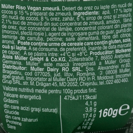 Desert de orez vegan cu zmeură 160g