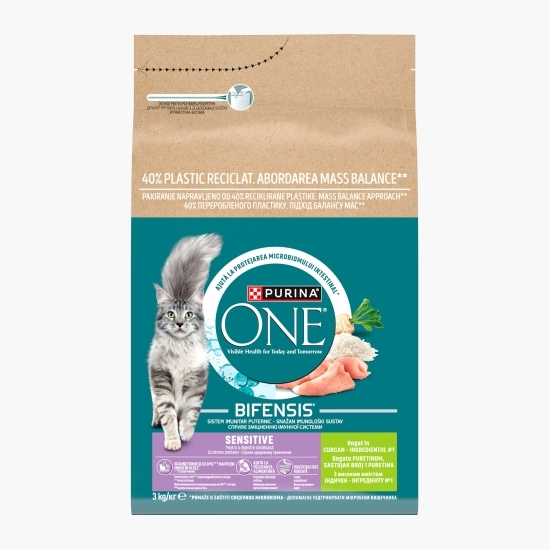 Hrană uscată completă pentru pisici adulte Sensitive, cu curcan și orez 3kg