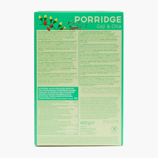 Porridge fulgi de ovăz eco cu goji și chia, fără zahăr adăugat, 400g