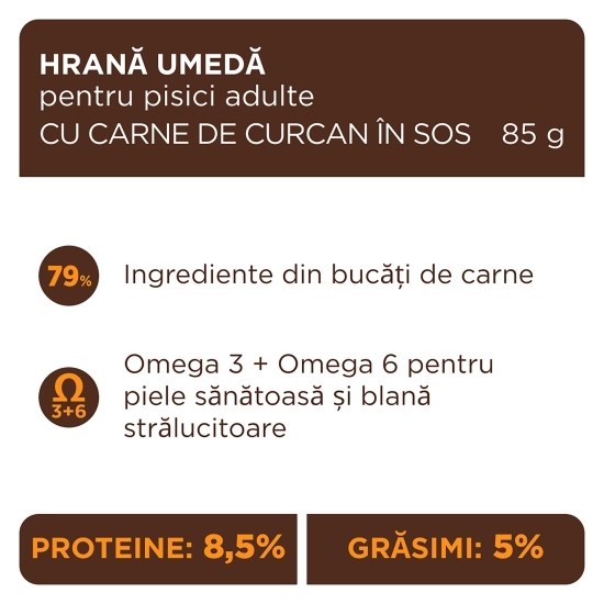 Hrană umedă pentru pisici, curcan în sos, 85g