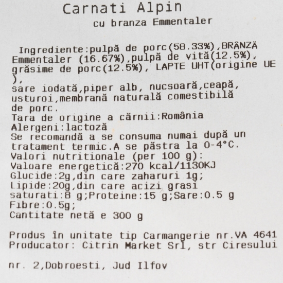 Carnați Alpin cu brânză Emmentaler 300g