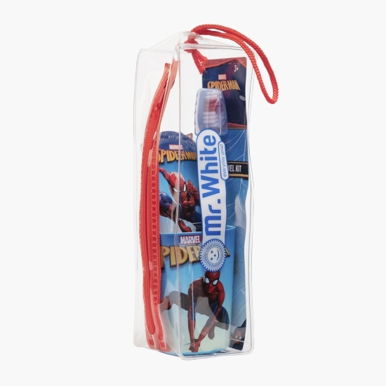 Set igienă orală pentru copii cu borsetă (conține periuță manuală, pastă de dinți cu florură de sodiu și pahar) Spiderman