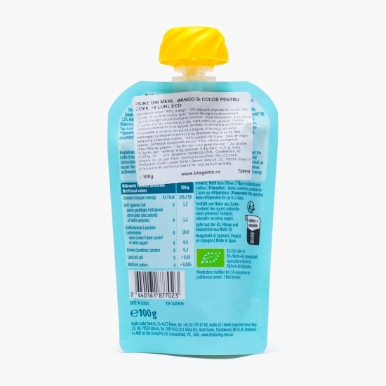 Piure ECO de mere, mango și cocos pentru copii, +8 luni, 100g