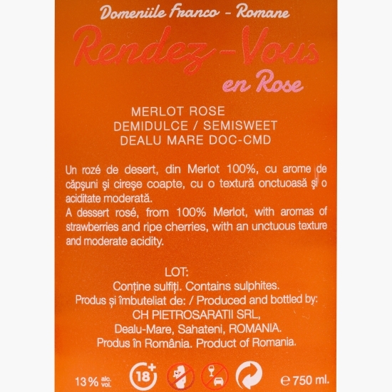 Vin rose demidulce Rendez Vous Merlot, 13%, 0.75l