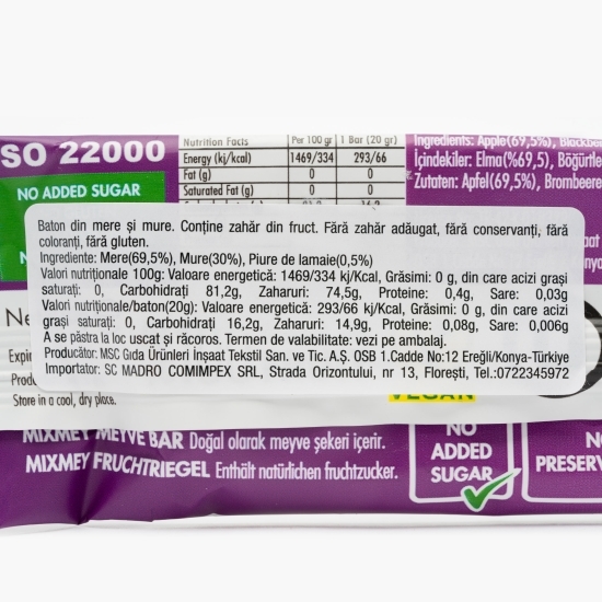 Baton din mere și mure fără zahăr adaugat 20g
