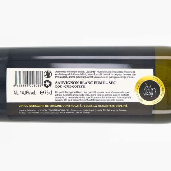 Vin alb sec Bacanta Sauvignon Blanc Fume, 14%, 0.75l