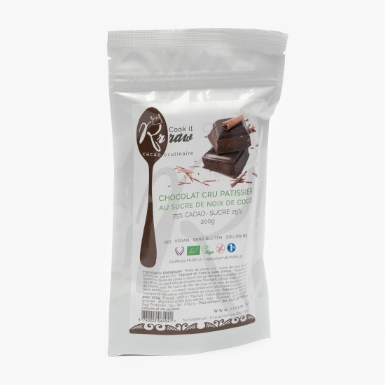 Ciocolată crudă de patiserie, 75% cacao, cu zahăr de cocos eco 200g