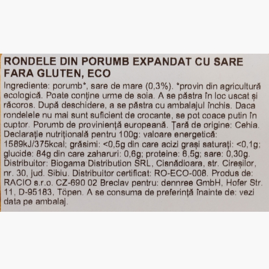 Rondele din porumb expandat eco, cu sare, fără gluten, 120g