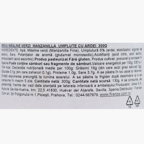 Măsline verzi Manzanilla umplute cu ardei 300g