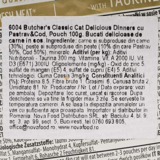 Hrană umedă pisici, 100g, cu păstrăv și cod în sos 