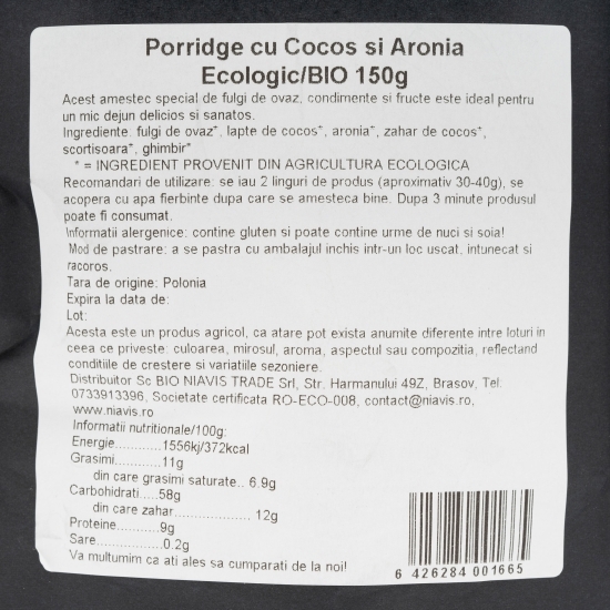 Porridge cu cocos și aronia ecologic 150g