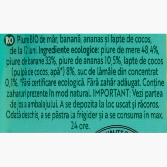 Piure ecologic de mere, banane, ananas și cocos, 12+ luni, 100g