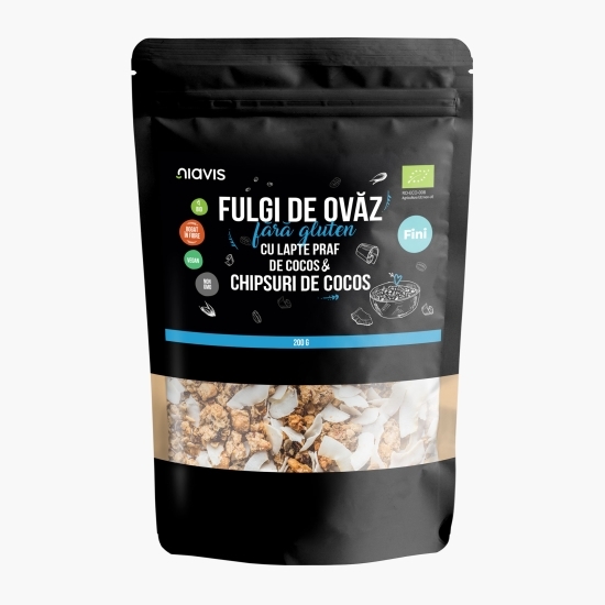 Fulgi de ovăz fini eco, fără gluten, cu pudră de cocos și chipsuri de cocos 200g
