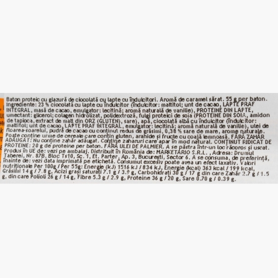 Baton proteic cu aromă de caramel sărat, fără zahăr adăugat 55g
