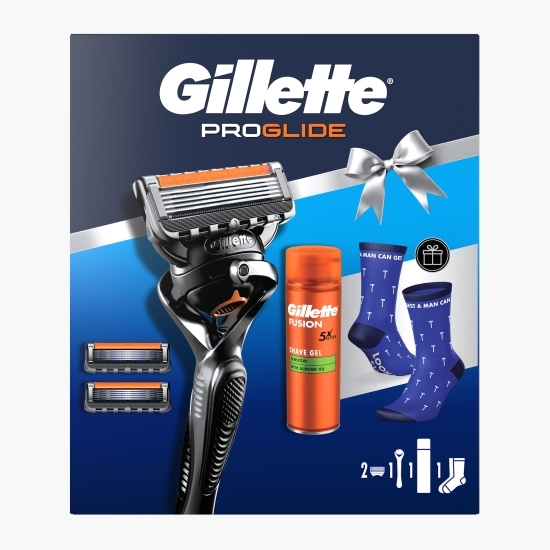 Set cadou ProGlide (aparat de ras + mâner FlexBall și trimmer de precizie + 2 rezerve +  gel de ras Fusion + șosete)