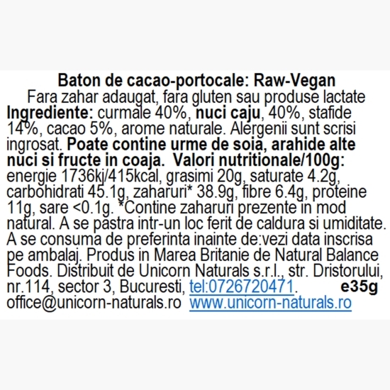 Baton raw vegan cu cacao și portocală, fără gluten, fără zahăr adăugat 35g