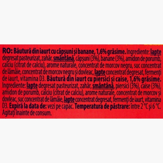 Iaurt de băut cu piure de căpșuni-banane și piersici-caise, 6x100g