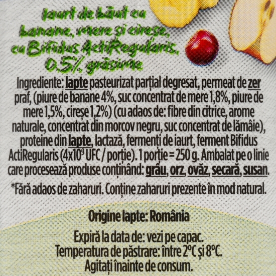 Iaurt de băut cu banane, mere și cireșe, fără zahăr 250g