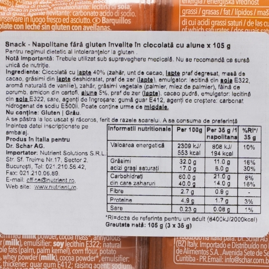 Napolitane fără gluten învelite în ciocolată Snack 105g (3x35g)