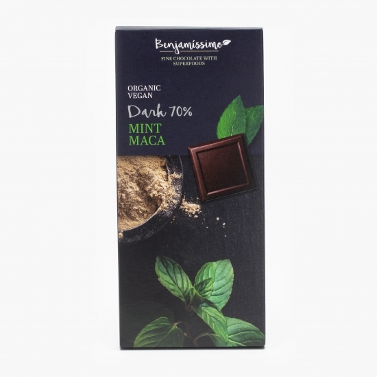 Ciocolată neagră eco vegană cu 70% cacao și aromă de mentă și maca 70g