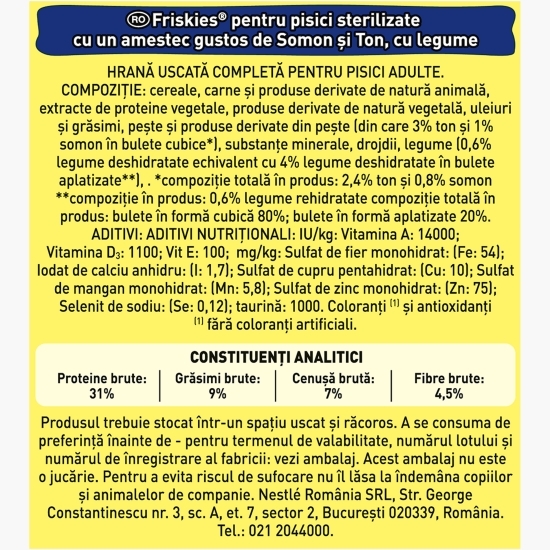 Hrană uscată pentru pisici adult Sterile, 10kg, cu somon&legume