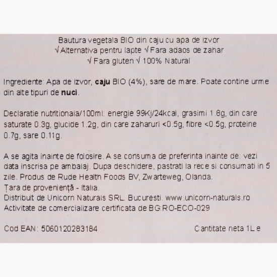 Băutură vegetală eco din caju, fără zahăr adăugat, 1l