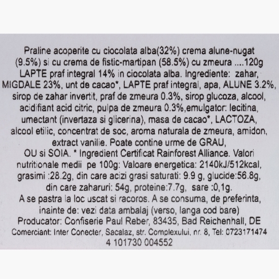 Praline Constanze de ciocolată albă cu cremă de alune-nugat și fistic-marzipan cu zmeură 120g