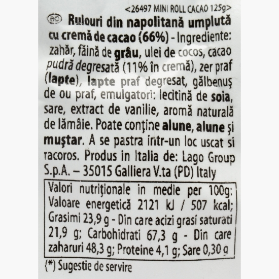 Mini rulouri din napolitană umplute cu cremă de cacao, 125g