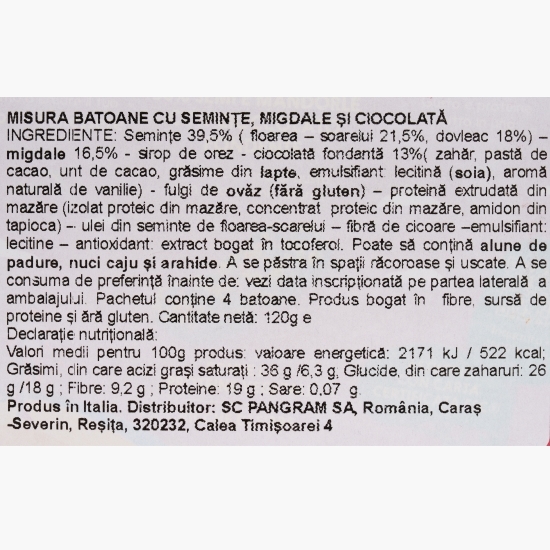 Baton cu semințe, migdale și ciocolată cu proteine vegetale 120g
