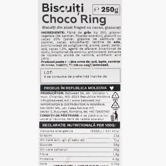 Biscuiți cu glazură de ciocolată Choco Ring, de post 250g