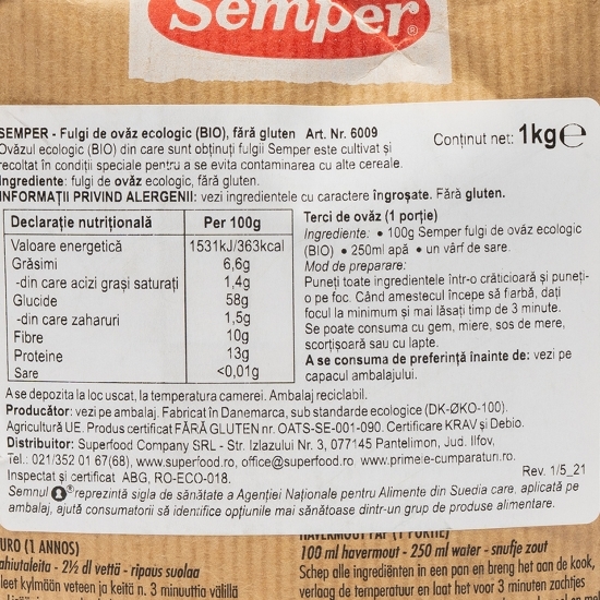 Fulgi de ovăz eco fără gluten 1kg