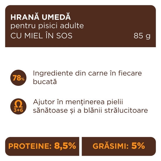 Hrană umedă pentru pisici, cu miel în sos, 85g
