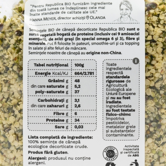 Semințe ecologice de cânepă, decorticate, fără gluten 200g