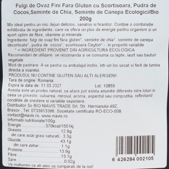 Fulgi de ovăz fini eco, fără gluten, cu scorțișoară, lapte praf de cocos, semințe de chia și semințe de cânepă 200g
