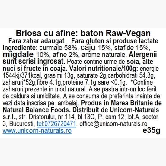 Baton raw vegan Brioșă cu afine, fără gluten, fără zahăr adăugat 35g