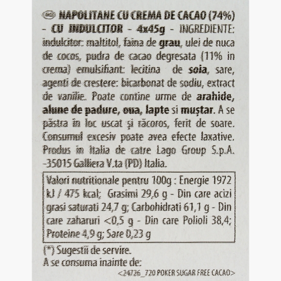Napolitane cu cremă de cacao fără zahăr 4x45g