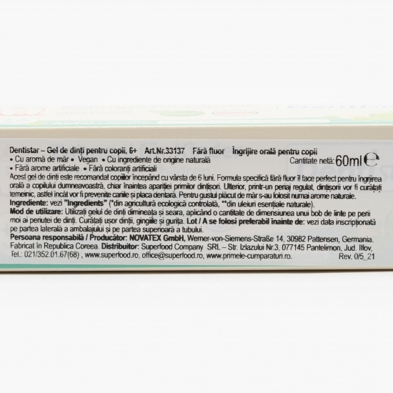 Pastă de dinți pentru copii fără fluor cu aromă de mere, +6 luni, 60ml