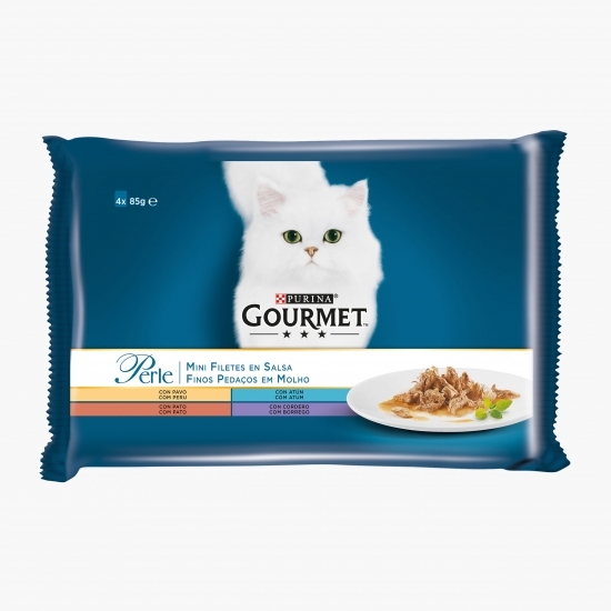 Hrană umedă pentru pisici, 4x85g, Multipack mini fileuri în sos, rață, curcan, miel și ton