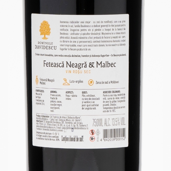 Vin roșu sec Fetească Neagră & Malbec, 13.5%, 0.75l