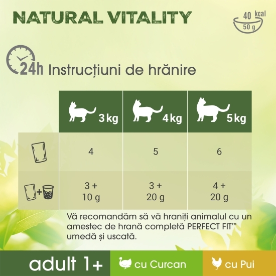 Hrană umedă pentru pisici adulte 1+, 6x50g, Natural Vitality cu pui și curcan 