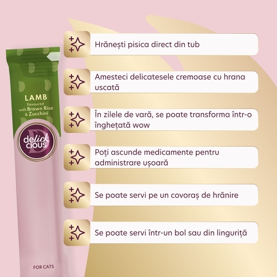 Recompense cremoase pentru pisici, cu miel, orez brun și dovlecel, 4x15g
