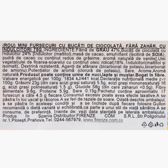 Mini fursecuri cu bucăți de ciocolată, fără zahar, cu îndulcitori, 75g