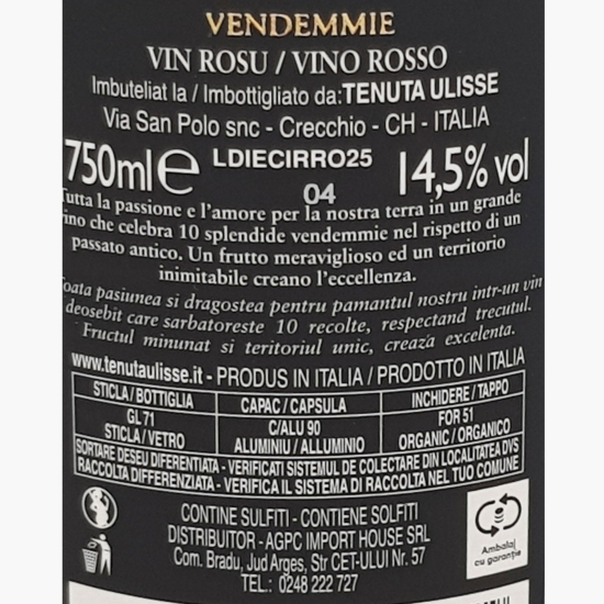 Vin roșu sec 10 Vendemmie Rosso, 14.5%, 750ml