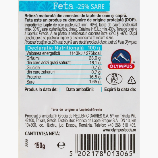 Brânză Feta cu conținut redus de sare 150g